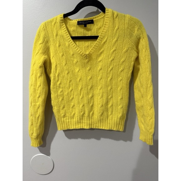 $398 Ralph Lauren Black Label Women's Cable-Knit Cashmere Sweater Sz L Yellow X - Picture 1 of 6